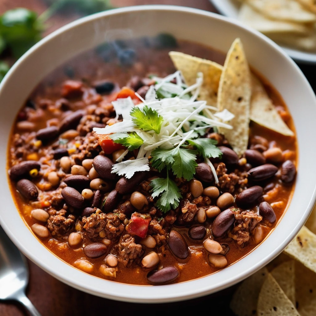 A steaming bowl of chili with chunks of pork and beans, topped with grated cheese and fresh parsley.