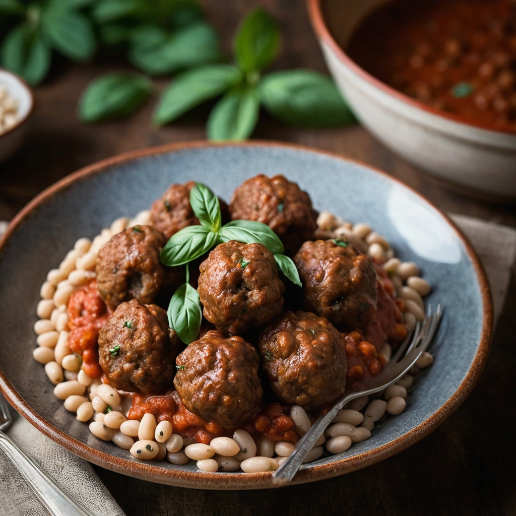 Brown and golden meatballs with white beans in a vibrant red sauce, served in a rustic bowl.