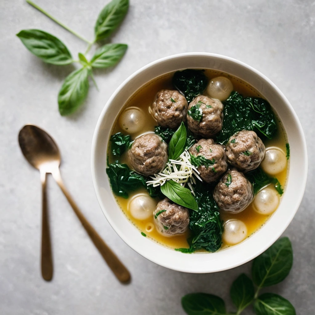 Steaming bowl of Italian wedding soup with small meatballs, green spinach, and pasta in golden broth.