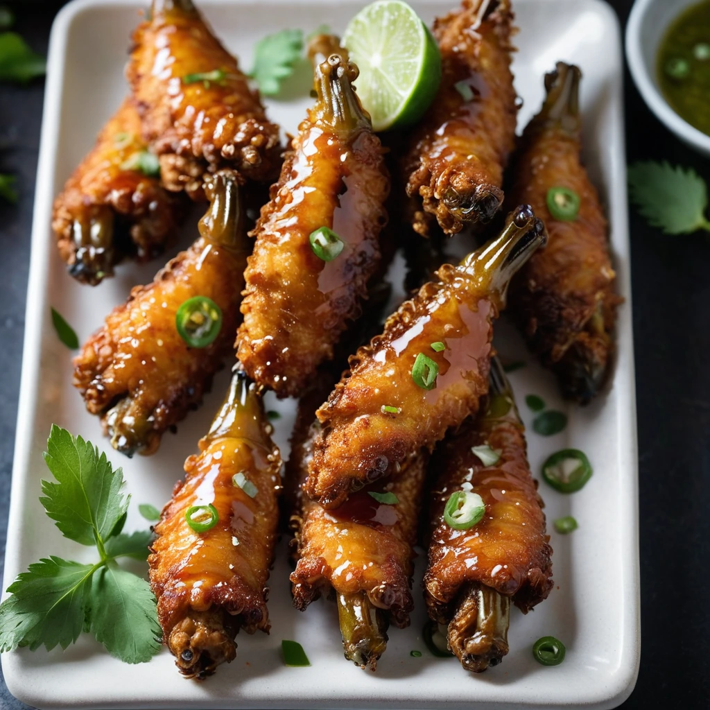 Golden crispy chicken wings arranged on a platter, drizzled with a glossy honey glaze, garnished with sliced jalapeños and cilantro.
