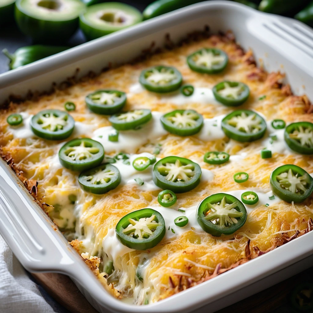 Golden hash browns topped with melted cheese and green jalapeno slices in a baking dish.