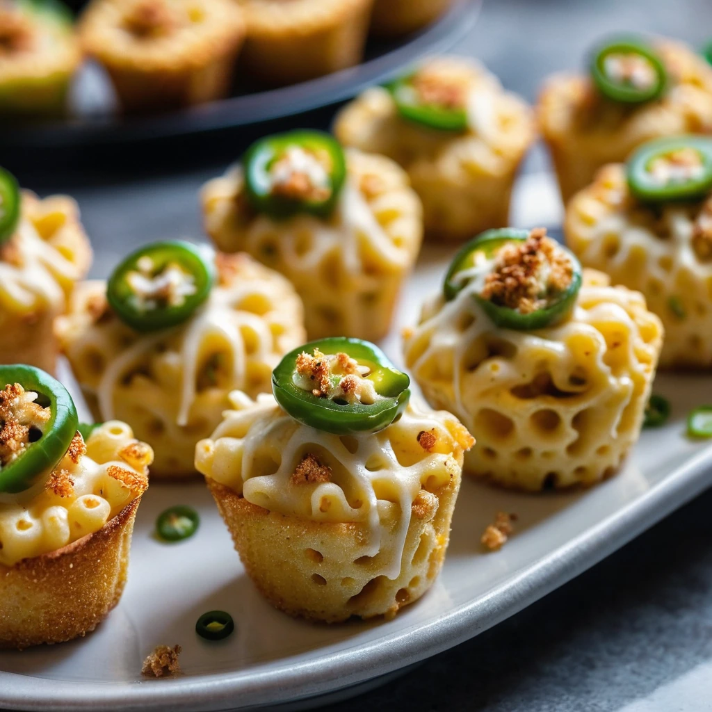 Golden brown, crispy bites filled with creamy mac and cheese, topped with melted cheese and diced jalapeños.