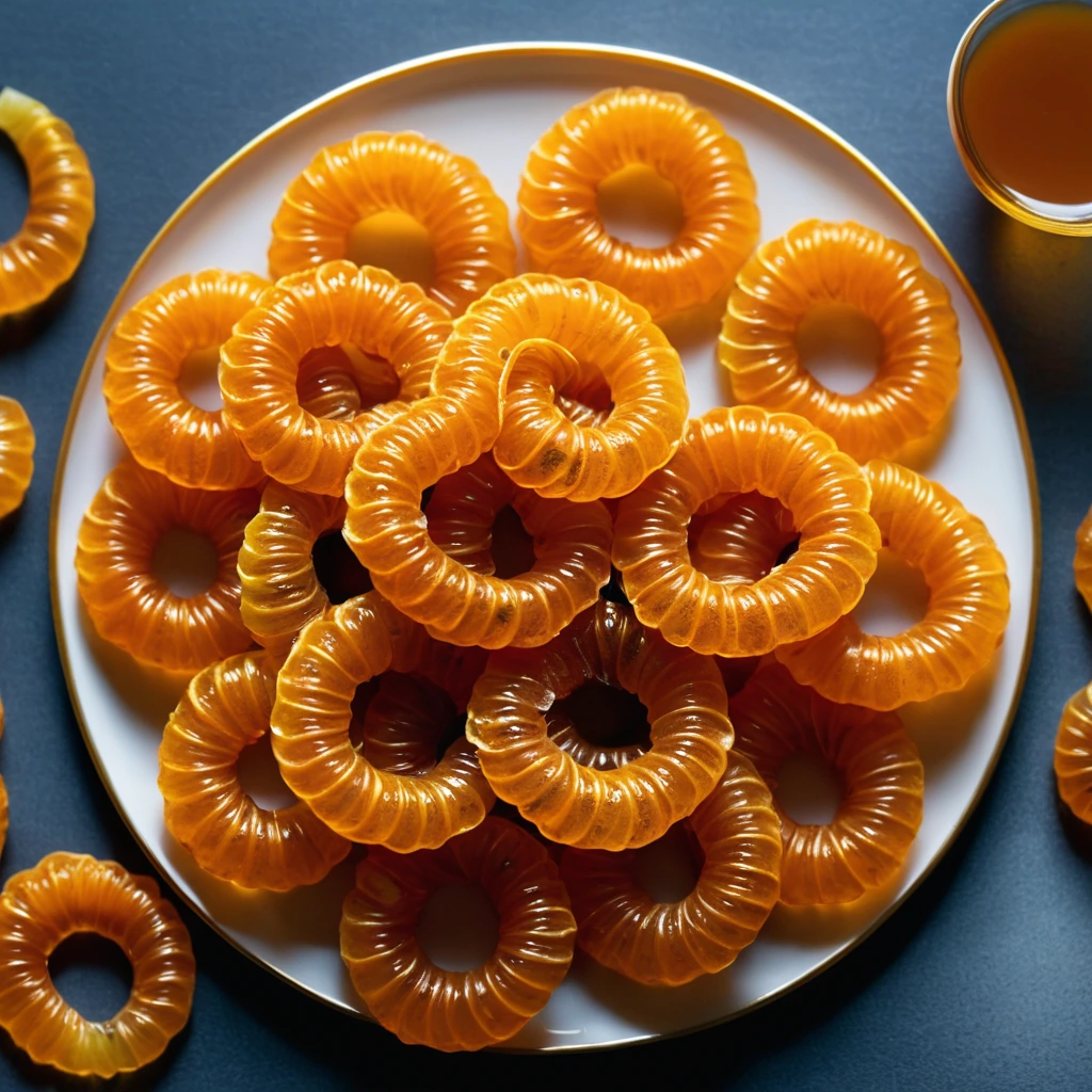 Golden crispy spirals arranged on a plate with a pool of orange syrup.