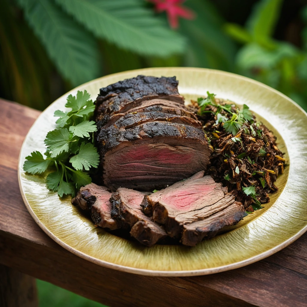 Golden brown roasted pork shoulder with a vibrant red and green jerk rub, served on a rustic platter with fresh cilantro sprigs.