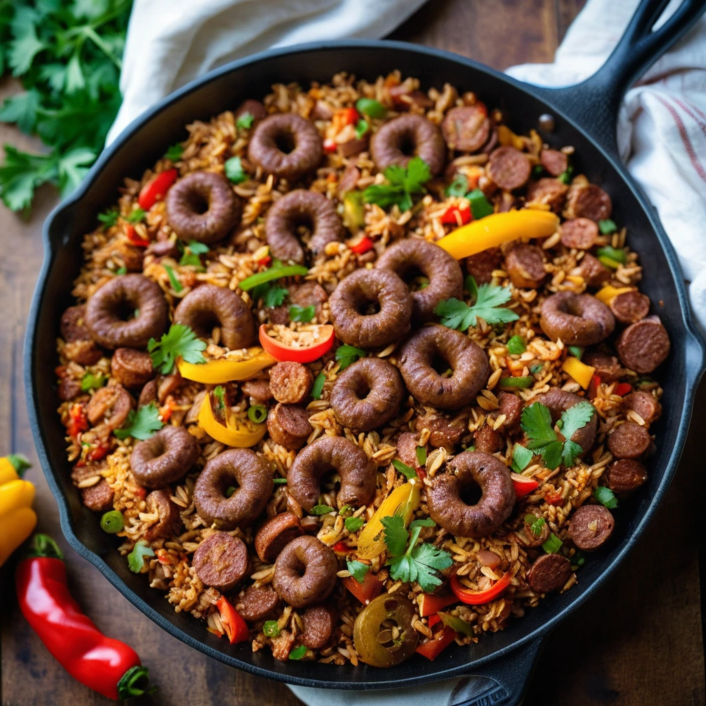 Golden rice mixed with browned sausage and colorful bell peppers, served in a sizzling skillet.