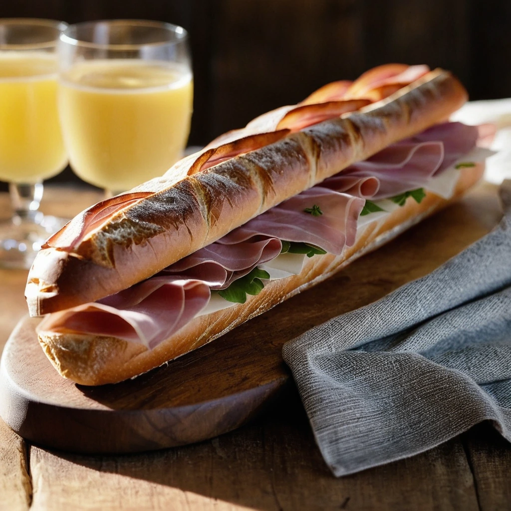 Golden baguette halves filled with butter and layered ham slices, presented on a rustic wooden board.