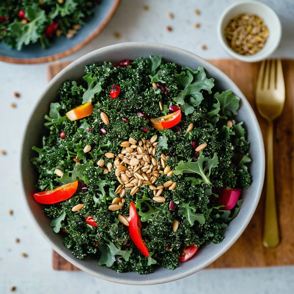 Colorful bowl of green kale, golden quinoa, red peppers, and sunflower seeds