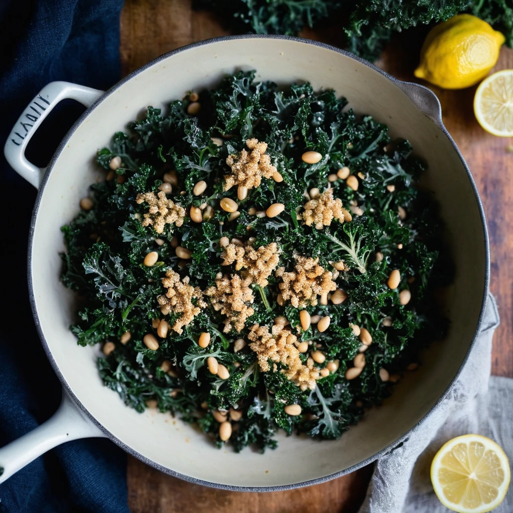 A rustic skillet with vibrant green kale, white beans, and golden lemon crumbs.