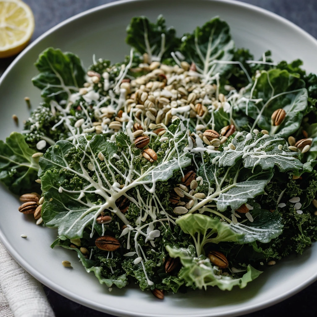 Vibrant green kale leaves topped with a sprinkle of golden toasted seeds and dressed in creamy white Caesar dressing.