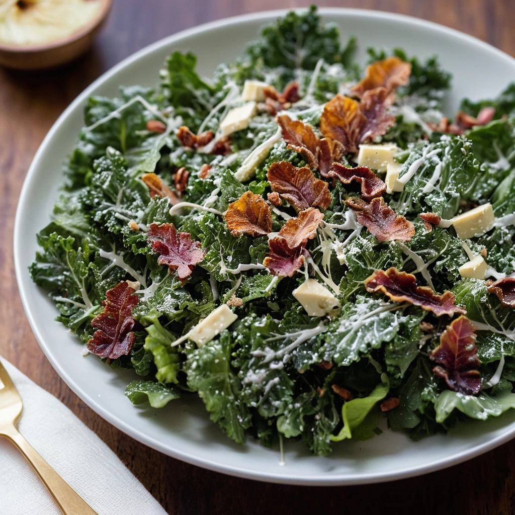 A vibrant green kale salad in a bowl, drizzled with golden vinaigrette and topped with crispy bacon bits and grated Parmesan.
