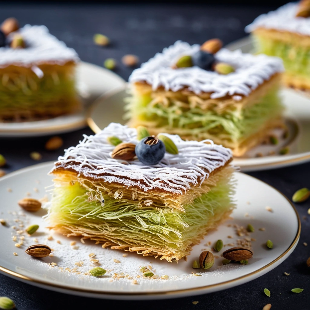 Golden brown kataifi nests filled with pistachios, served on a white plate with a dusting of powdered sugar.