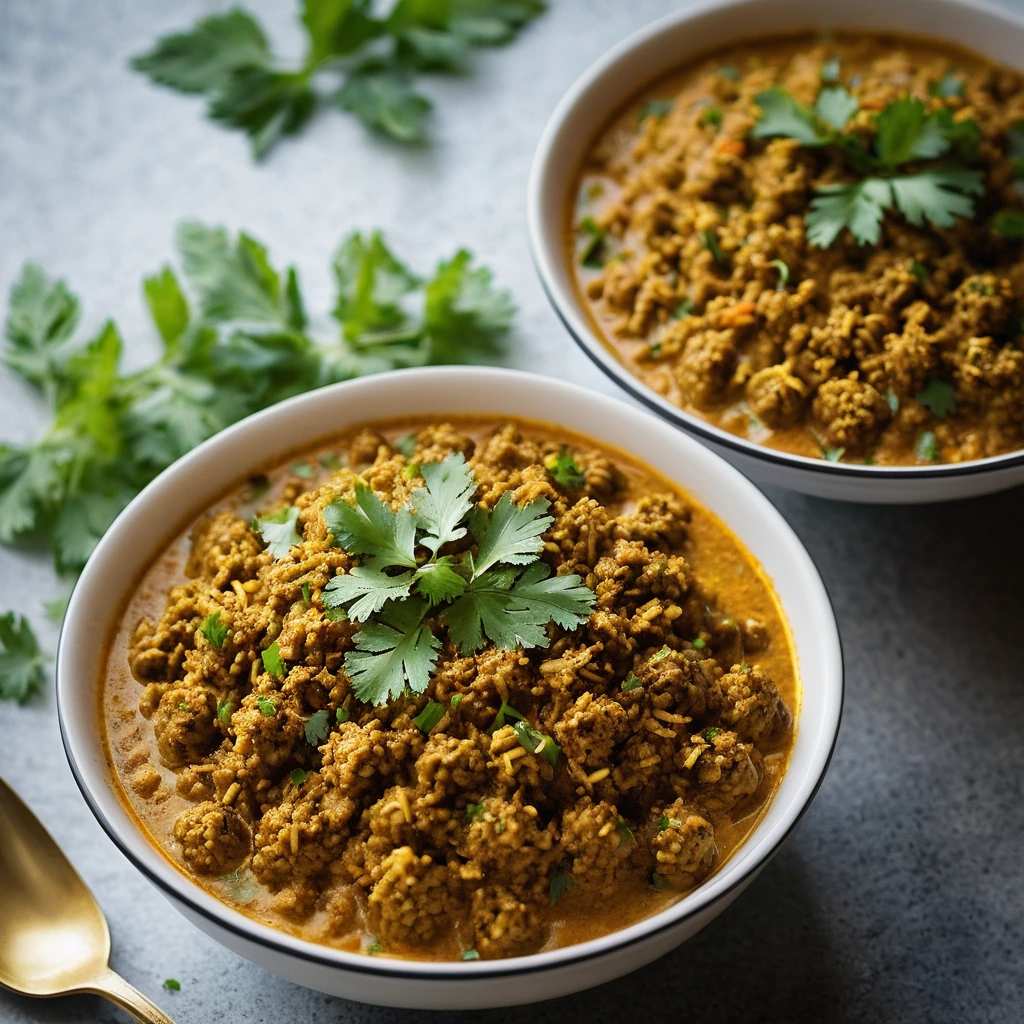 Steamy bowl of golden-brown minced curry with fresh cilantro sprinkled on top