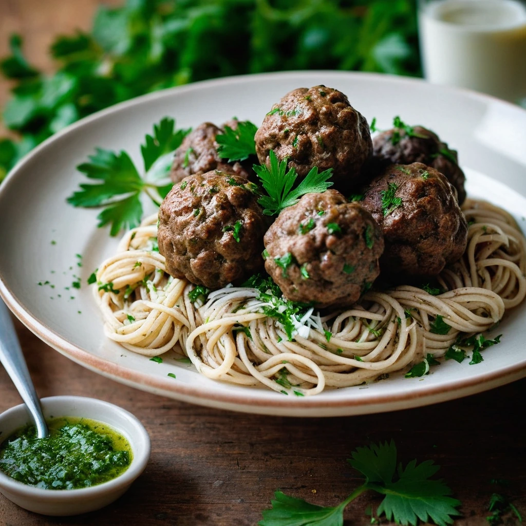 Golden brown meatballs nestled in a vibrant green parsley garnish on a rustic plate.