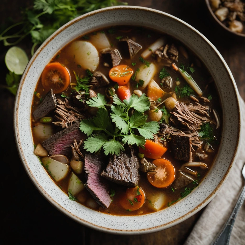 Steaming bowl of mixed meats and vegetables in a thick, dark broth, garnished with fresh herbs.