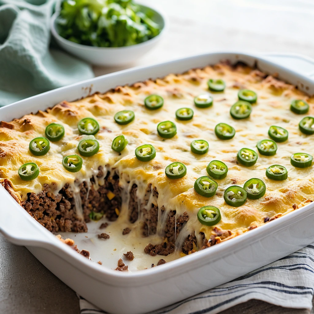 Browned ground beef layered with bacon and melted cheddar cheese in a casserole dish, topped with green onions.