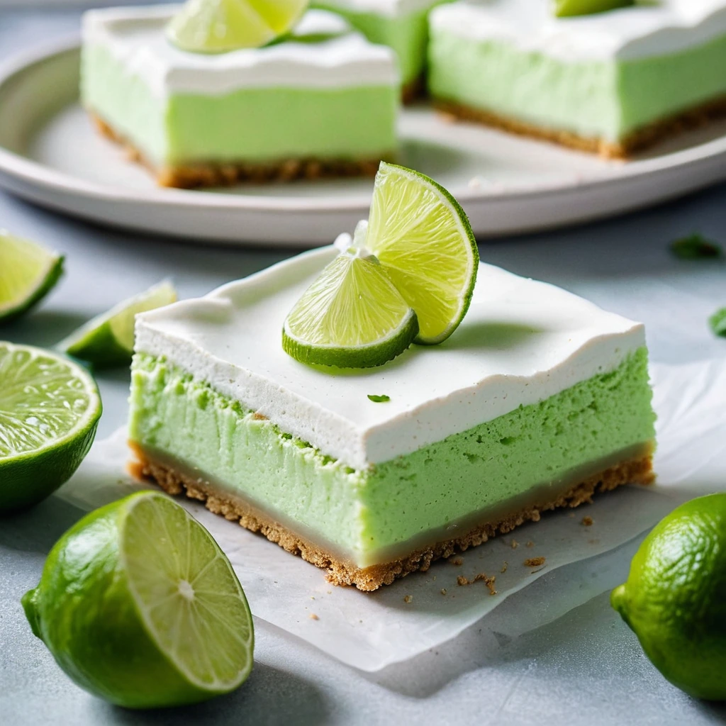 Golden graham cracker crust topped with vibrant green key lime pie filling, cut into square bars.