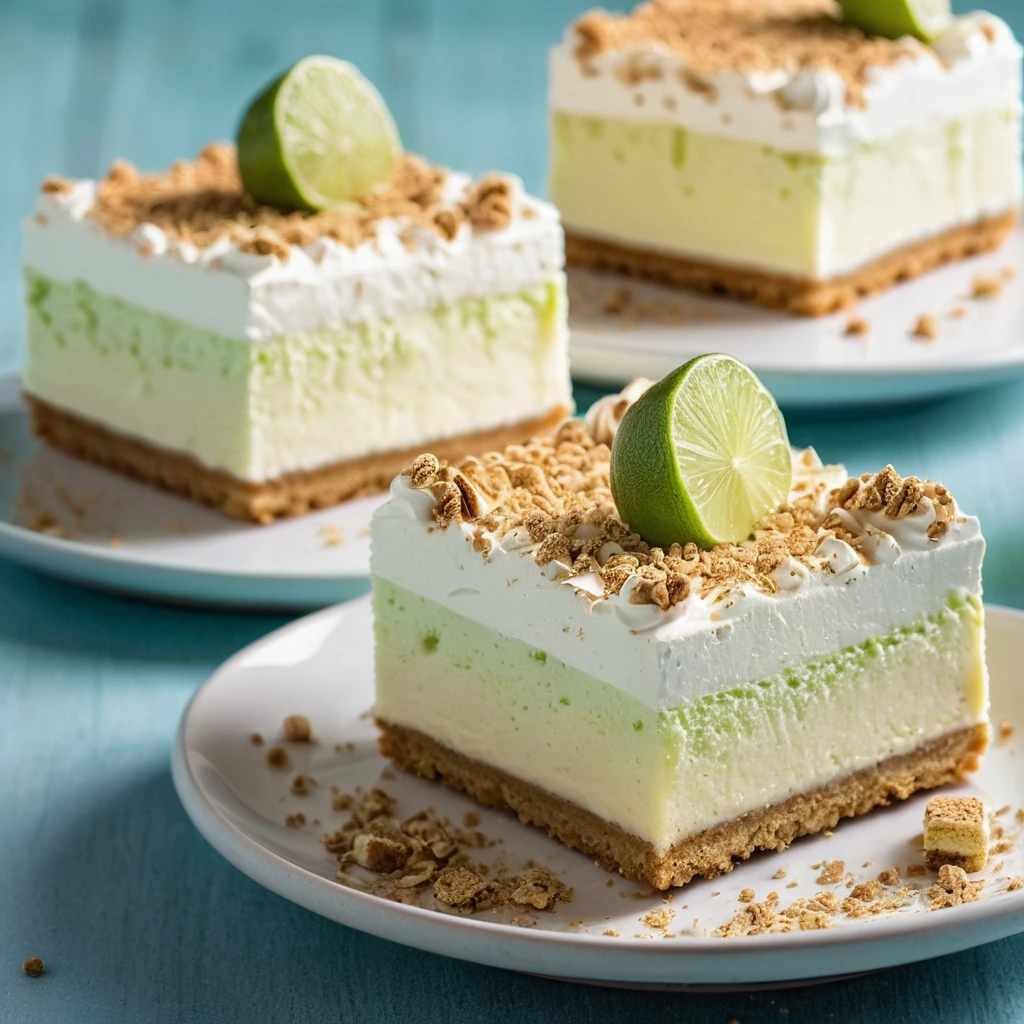 Golden squares of cheesecake dusted with graham cracker crumbs and swirled with whipped cream topping.