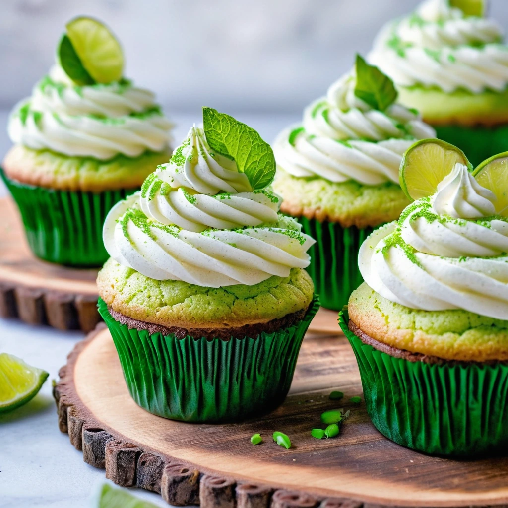 Cupcakes with a swirl of white whipped cream, flecked with green, sitting on a rustic wooden board.