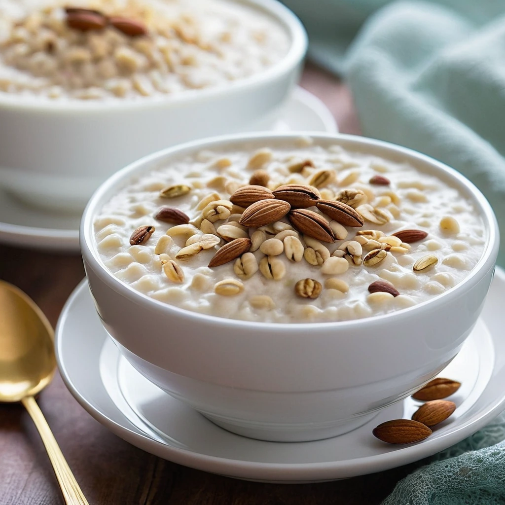 Golden rice pudding in a white bowl, sprinkled with nuts and cinnamon