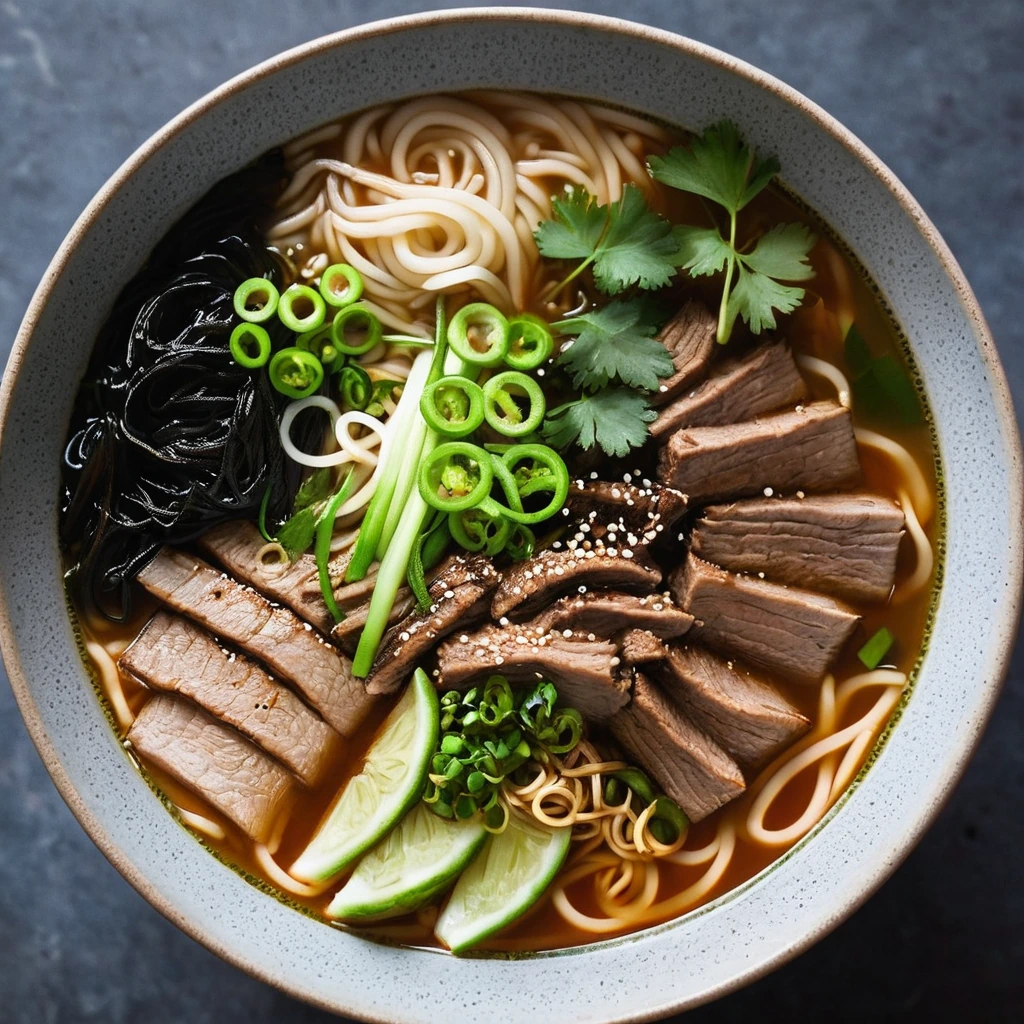 A large bowl of ramen with green kimchi chunks, slices of cooked pork, and noodles in a rich golden broth, topped with scallions.