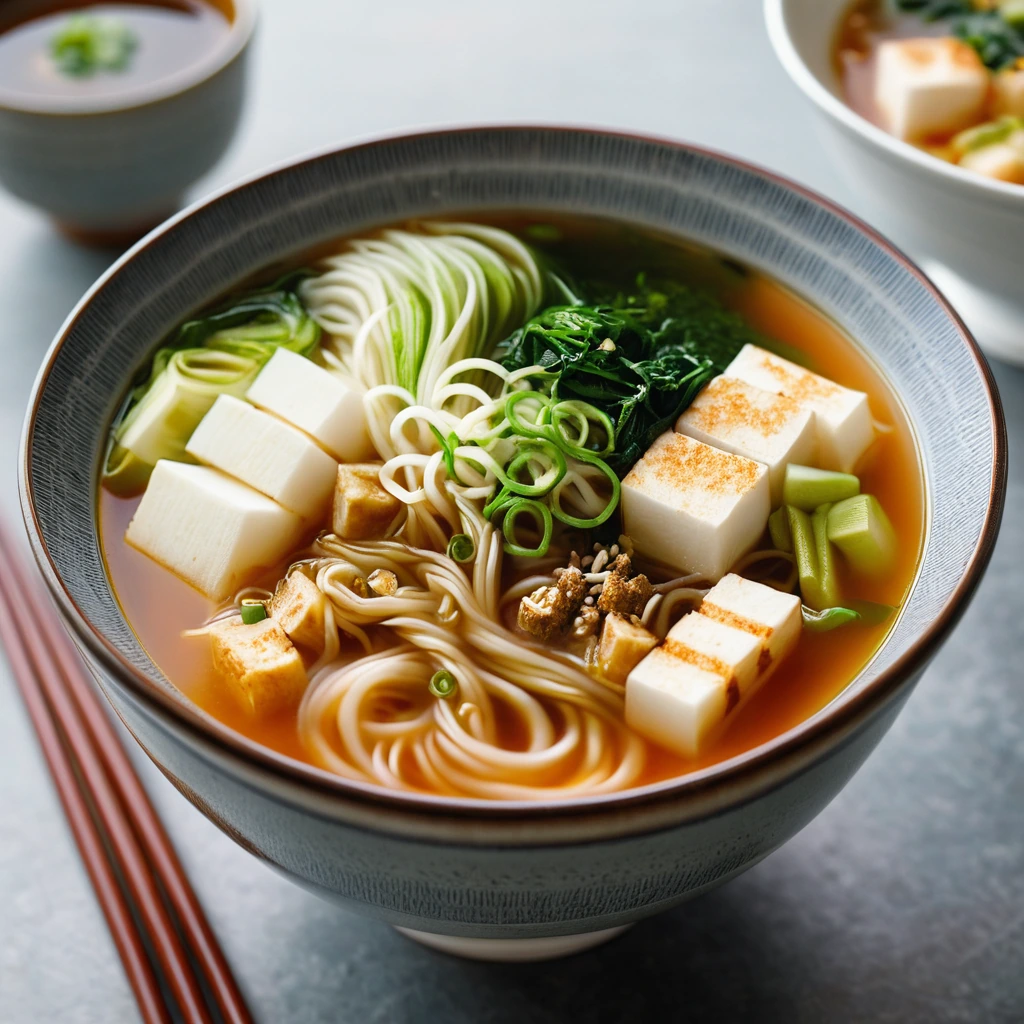 Bowl of steamy soup with green kimchi chunks, soft tofu cubes, and wavy noodles.