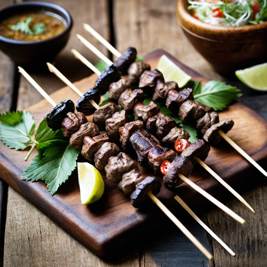 Charred skewers with golden casings filled with offal, served on a rustic wooden board.