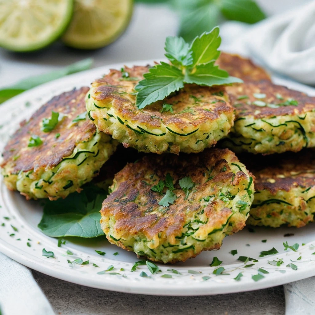 Golden brown zucchini fritters on a white plate with a sprinkle of fresh parsley.