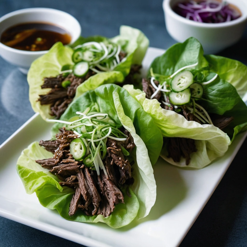 Colorful lettuce cups filled with caramelized beef and vibrant quick pickles, arranged on a white plate.