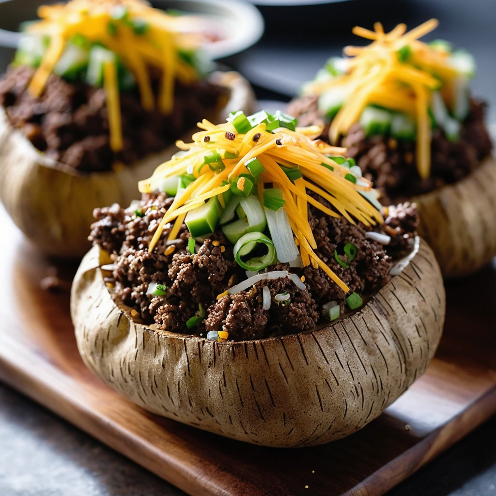 Golden baked potatoes topped with a mound of caramelized Korean BBQ beef, melted cheese, green onions, and sesame seeds.