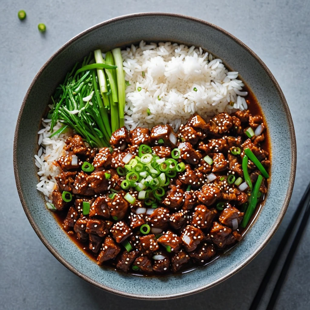 Colorful skillet with caramelized pork, vibrant green scallions, and steamed rice.