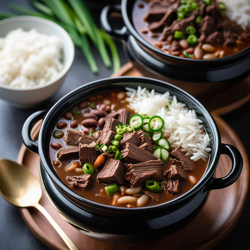 Steaming bowl of beef and beans in a deep red sauce with scallions sprinkled on top