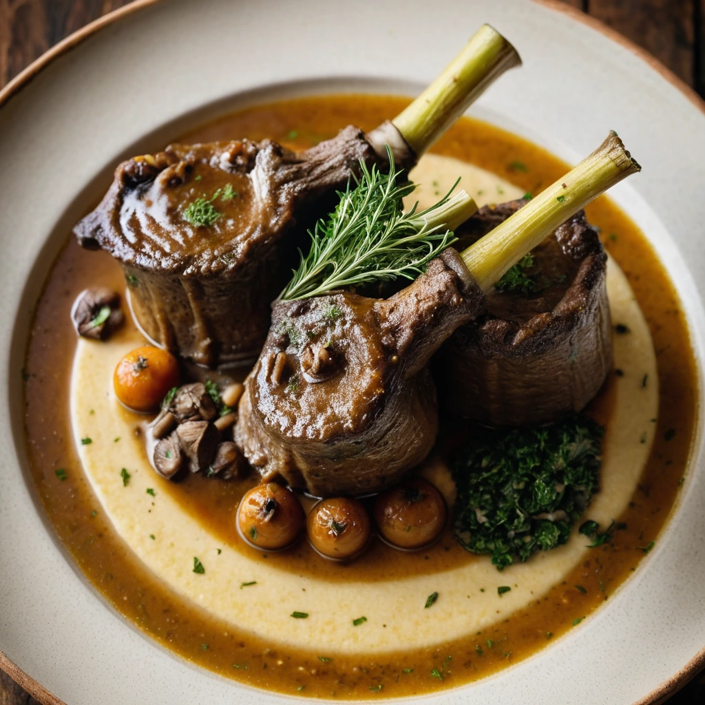 Four lamb shanks in a golden broth, served with creamy polenta on a rustic wooden plate.