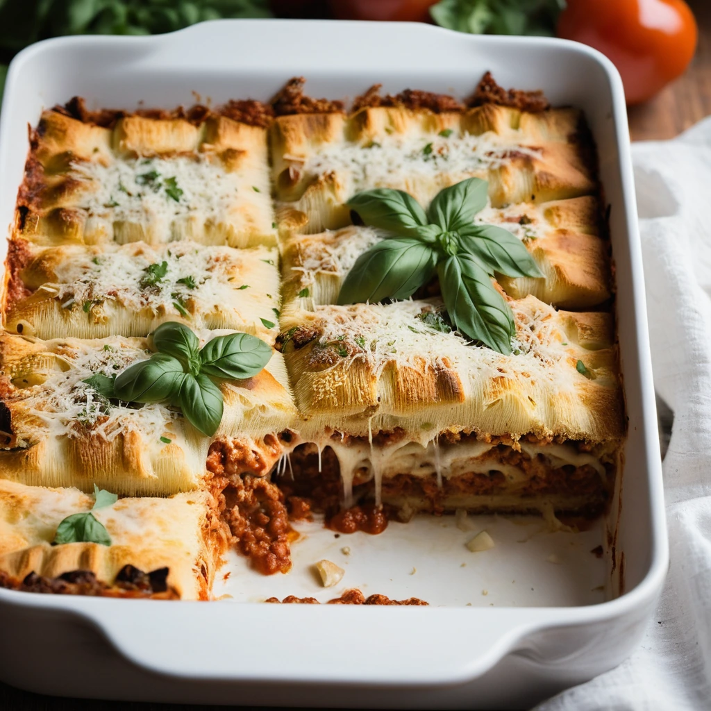 Golden garlic bread topped with bubbling layers of lasagna, cheese, and marinara sauce in a casserole dish.