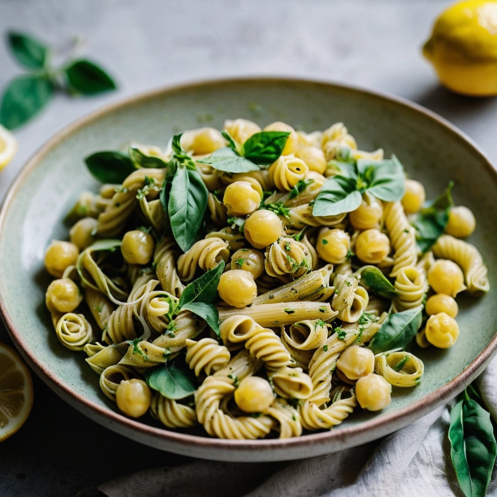 Golden pasta twirled with vibrant green artichokes and chickpeas, drizzled with lemony sauce in a rustic bowl.