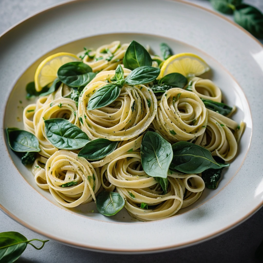 Golden pasta twirled with vibrant green spinach and artichoke hearts, drizzled with lemony sauce.