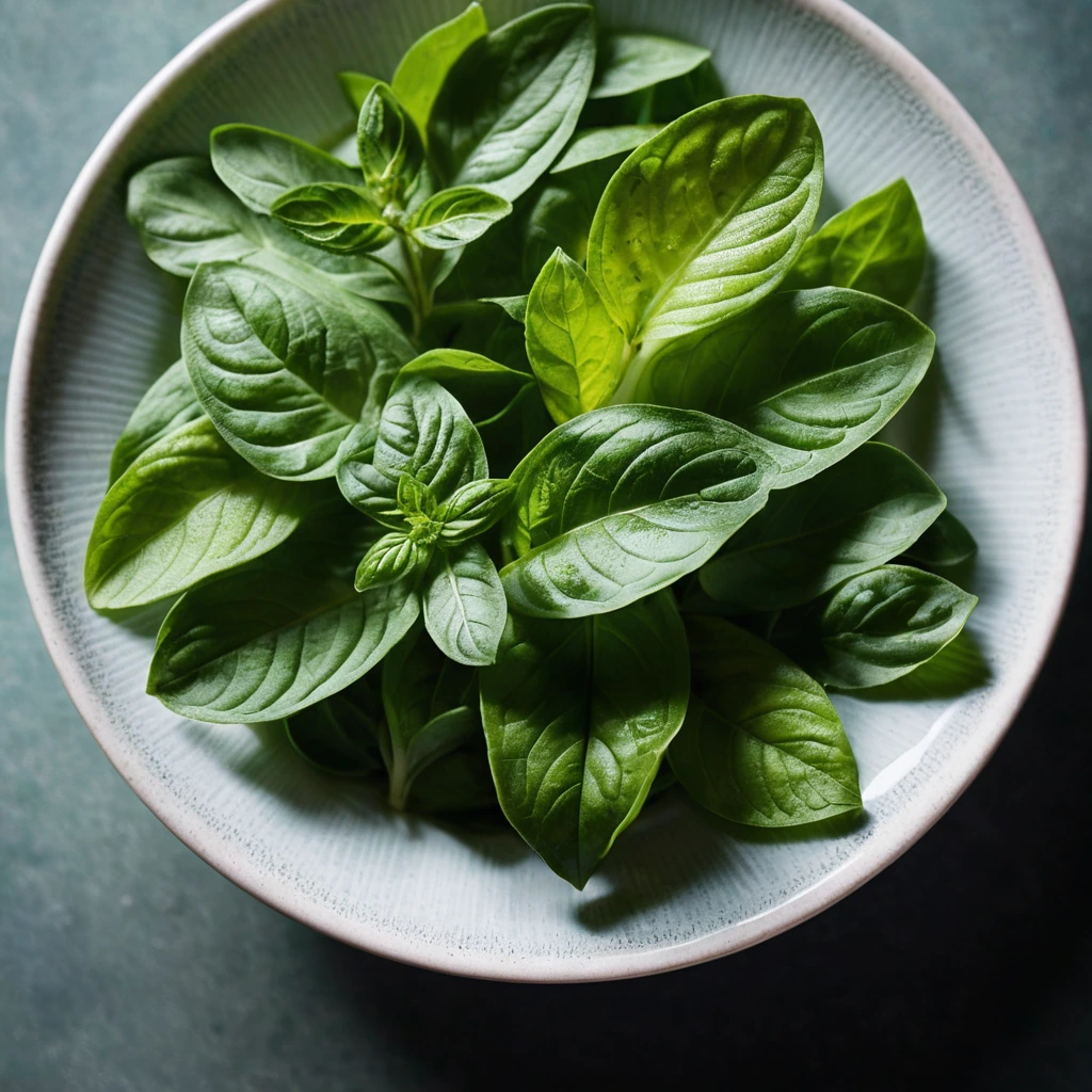 Simple greens dressed with vibrant green vinaigrette, flecked with basil leaves.