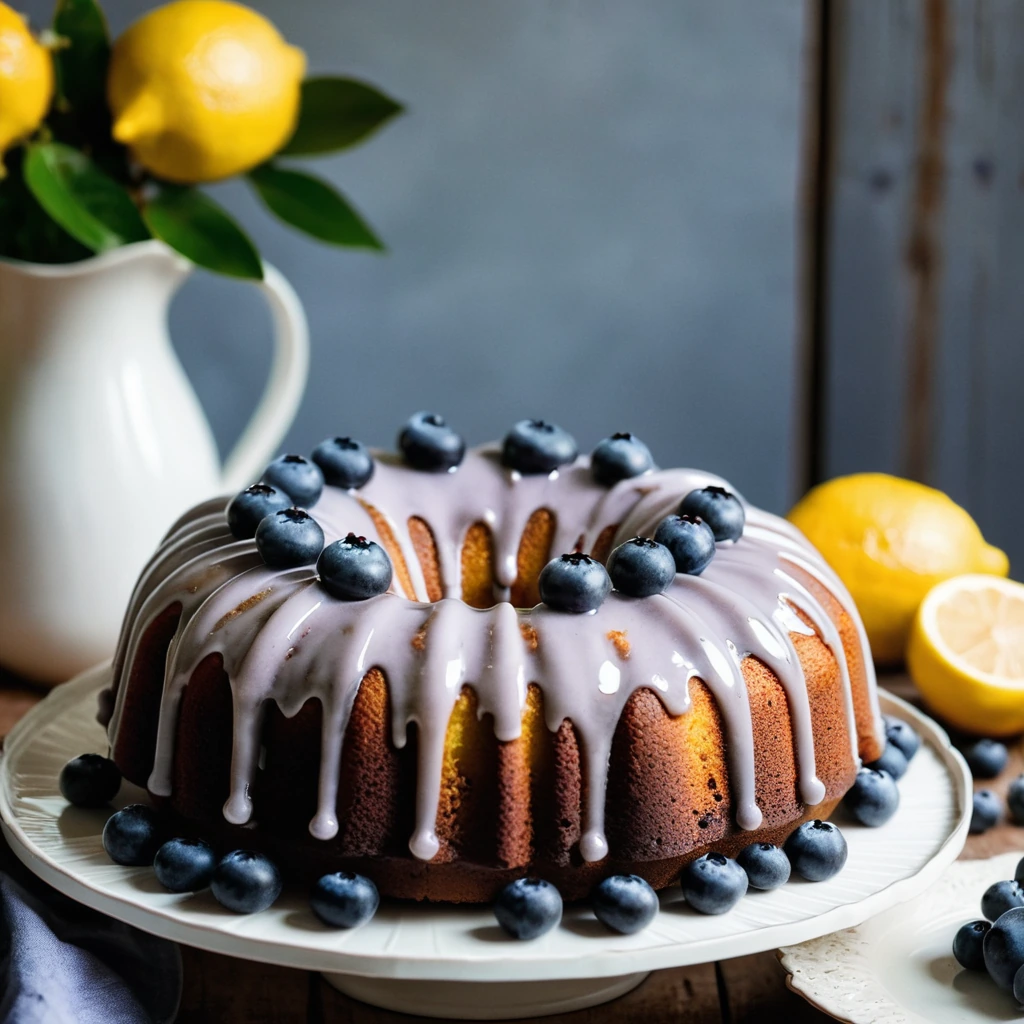 Golden bundt cake with a shiny lemon glaze and visible blueberries, arranged on a rustic wooden board.