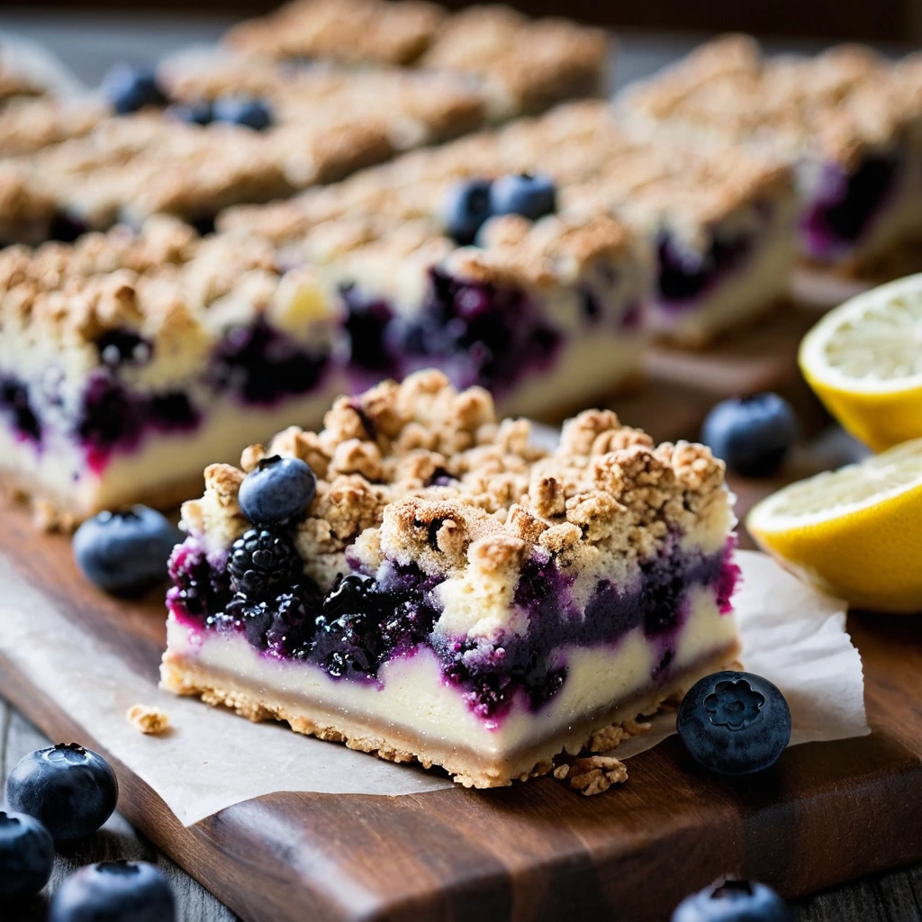 Golden bars with a blueberry filling, topped with a crumbly streusel, arranged on a rustic wooden board.