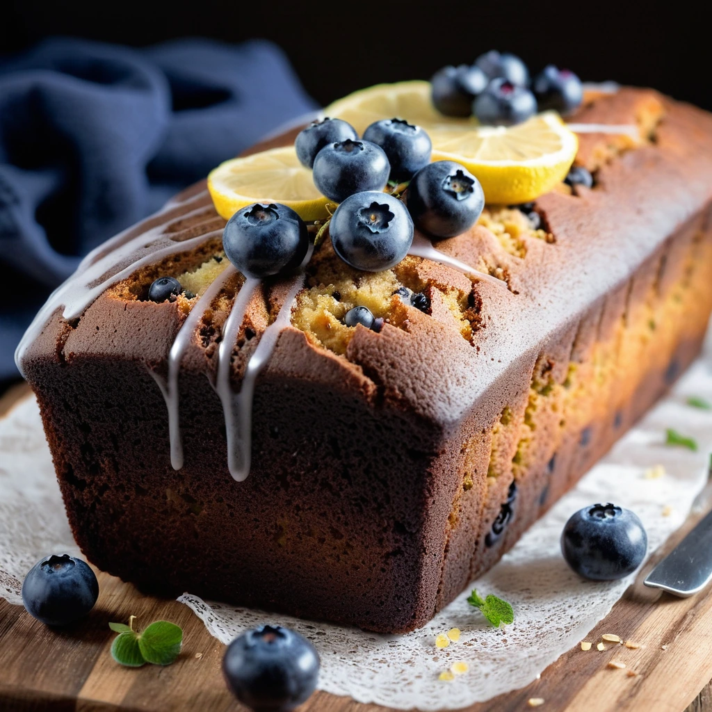 Golden loaf with a sprinkle of sugar, bursting with blueberries, resting on a rustic wooden board.