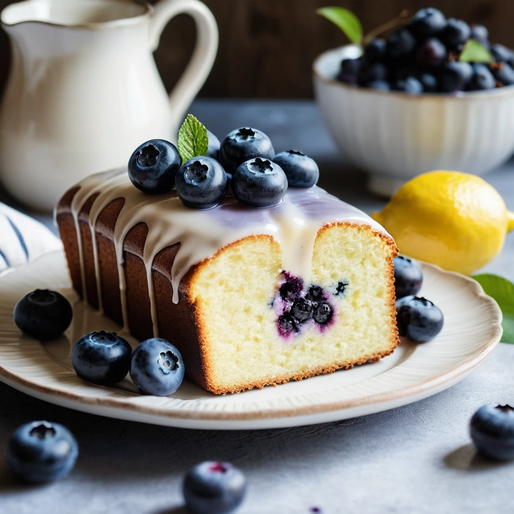 Golden pound cake with a glossy lemon glaze and scattered blueberries on a rustic plate.
