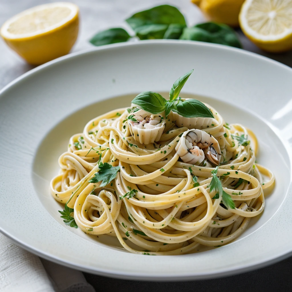 Golden linguine twirled in a glossy lemon butter sauce with succulent crab meat scattered throughout, garnished with fresh parsley.