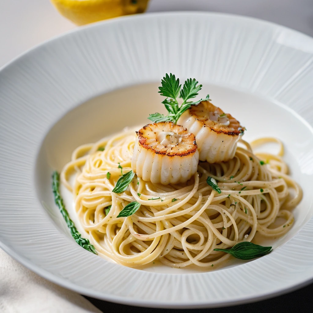 Golden linguine in a creamy lemon sauce with perfectly seared scallops on a white plate.