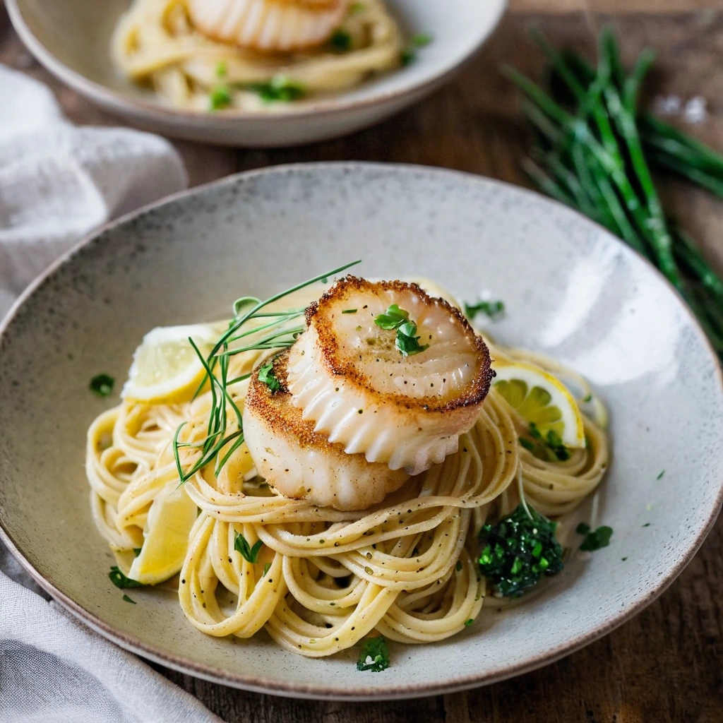 A plated serving of Lemon Butter Scallop Pasta
