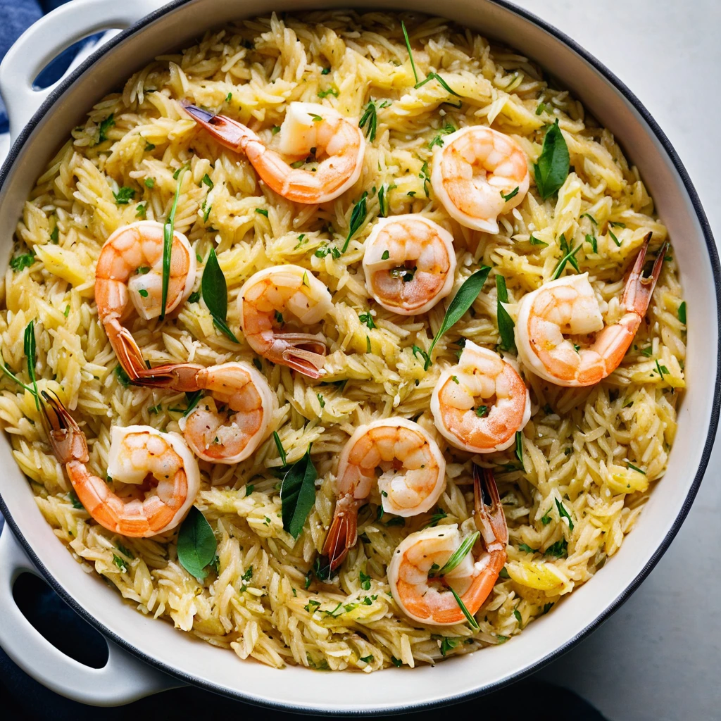 Golden orzo bake in a casserole dish with shrimp and lemon slices on top
