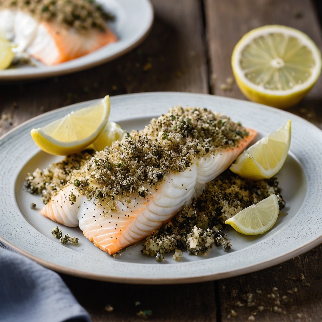 Baked haddock fillets topped with golden herbed crumbs, lemon slices, and capers on a rustic wooden board.