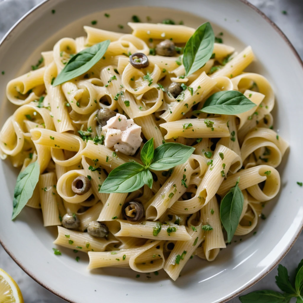 Creamy yellow pasta with juicy chicken pieces, green capers, and a sprinkle of parsley in a lemon sauce.