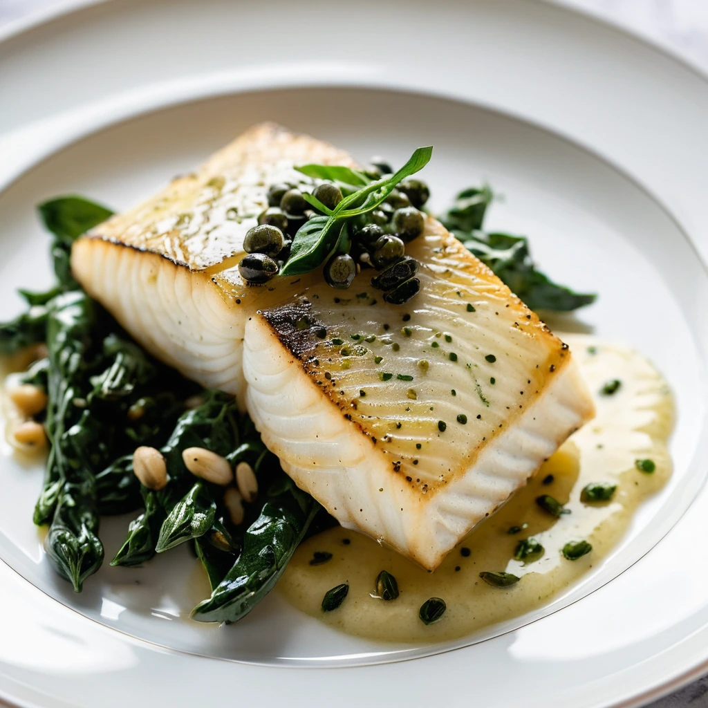 Golden halibut fillets on a plate with a drizzle of lemon caper sauce and a side of sautéed spinach