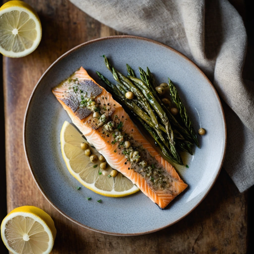 Golden pan-seared trout fillets glistening with a lemon-caper sauce on a rustic wooden board.