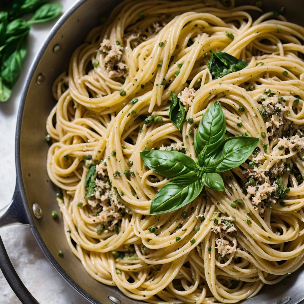 Golden pasta in a vibrant yellow sauce, sprinkled with green capers and parsley, served in a skillet.
