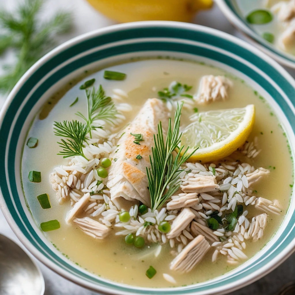 A steaming bowl of yellow lemon chicken soup with rice and green dill sprigs.